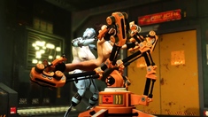 Robot shemale fucks sexy cuffed busty brunette in sci-fi lab