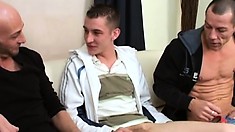 Three Horny Dudes Hook Up On The Couch And Bring Their Gay Fantasies To Life